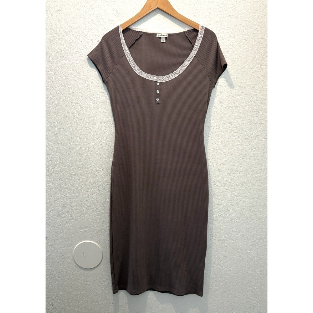 Derek Heart Dress Womens Large Gray Ribbed Y2K Bodycon Lace Sheath
